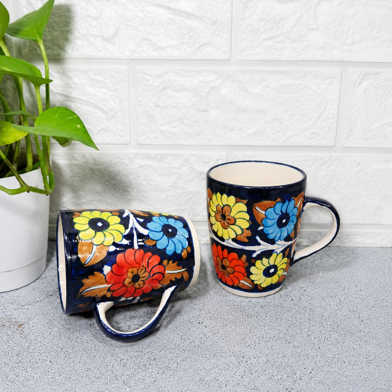 Handmade Blue Pottery Coffee Mug Set – Floral Ceramic Tea Cups