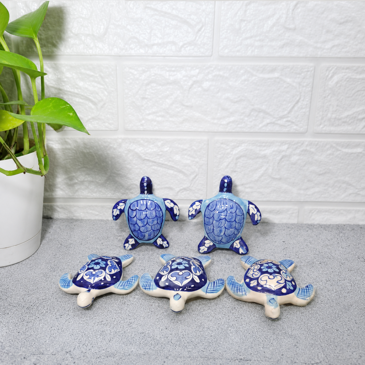 Handmade Blue Pottery Turtle Paperweight & Home Decor Figurine Set