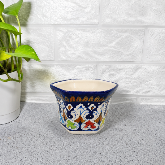 Hand-Painted Vibrant Motif Hexagonal Ceramic Planter