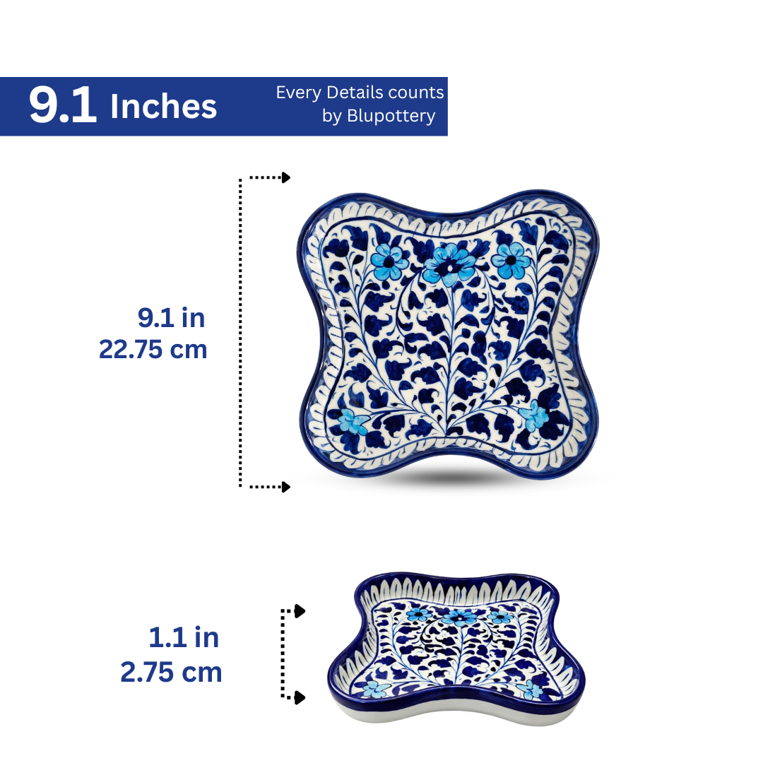 Hand-Painted Blue Curved Square Ceramic Tray
