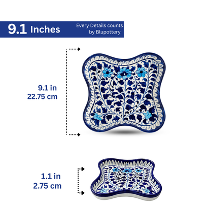 Hand-Painted Blue Curved Square Ceramic Tray