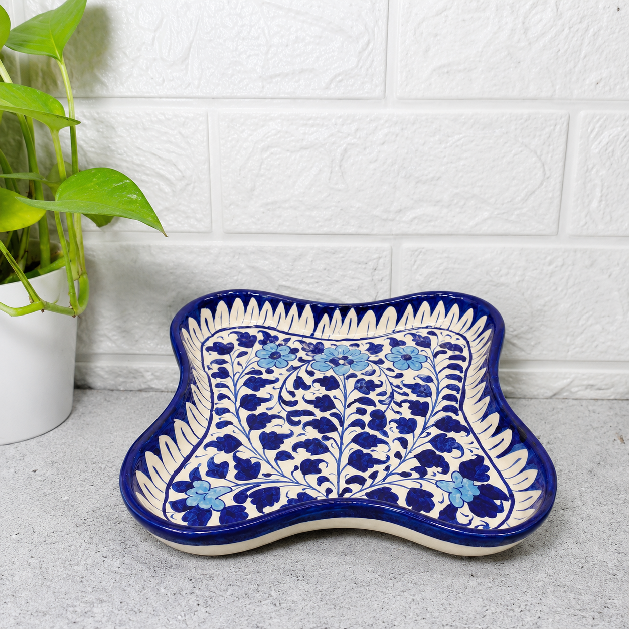 Hand-Painted Blue Curved Square Ceramic Tray