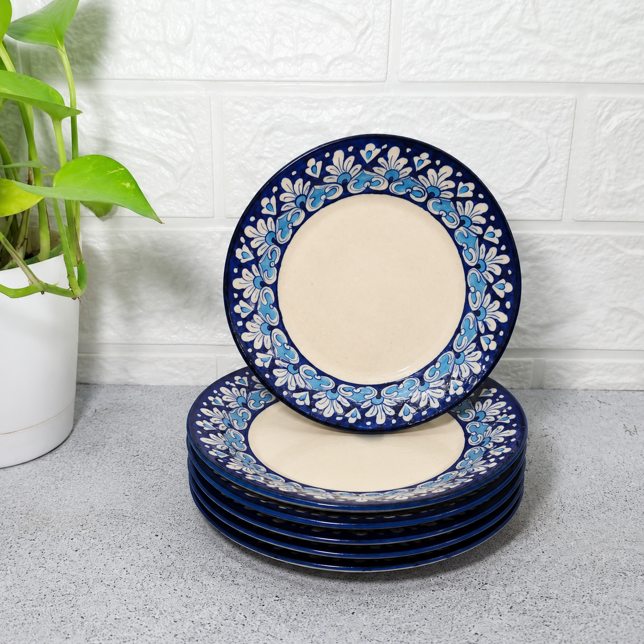 Handmade Blue Pottery Dinner 6 Plate Set – Floral Ceramic Dining Plates