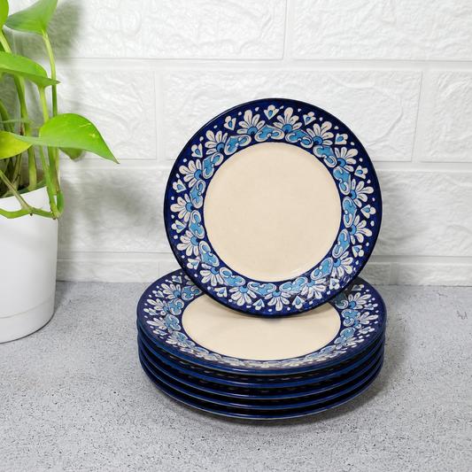 Handmade Blue Pottery Dinner 6 Plate Set – Floral Ceramic Dining Plates