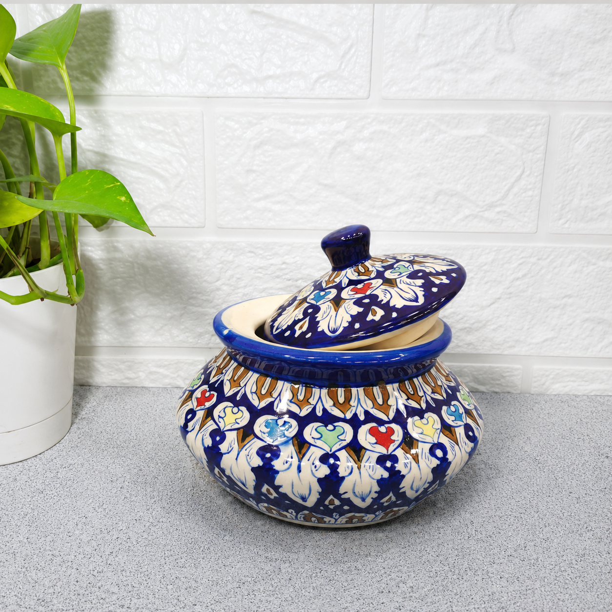 Hand-Painted Blue Pottery Serving Handi with Lid