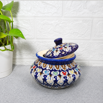 Hand-Painted Blue Pottery Serving Handi with Lid
