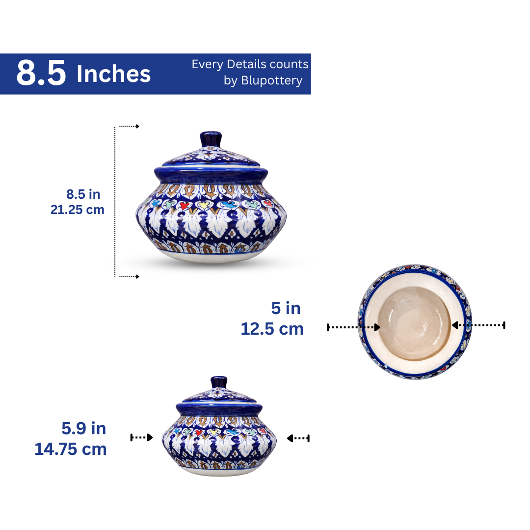 Hand-Painted Blue Pottery Serving Handi with Lid