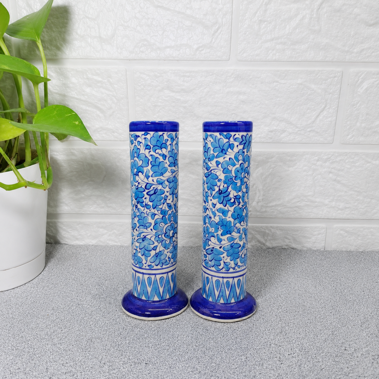 Hand-Painted  Blue Tall Cylindrical Ceramic Vase