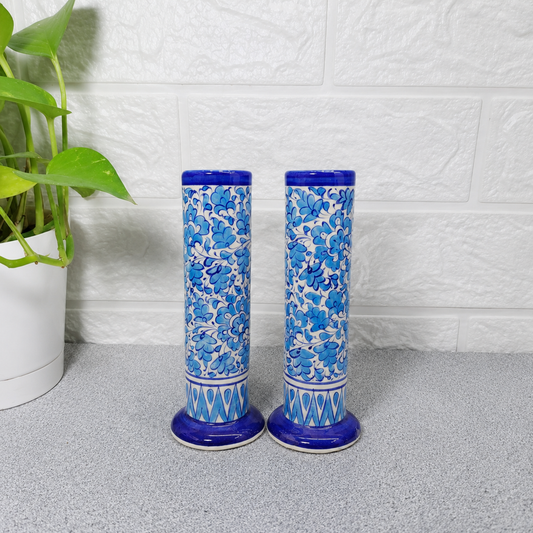 Hand-Painted  Blue Tall Cylindrical Ceramic Vase