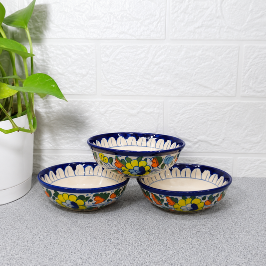Hand-Painted Sunny Floral Ceramic Dessert Bowls (Set of 3)