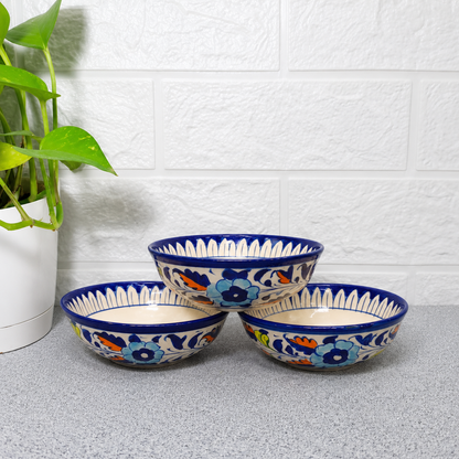 Hand-Painted Blue Floral Ceramic Dessert Bowls (Set of 3)