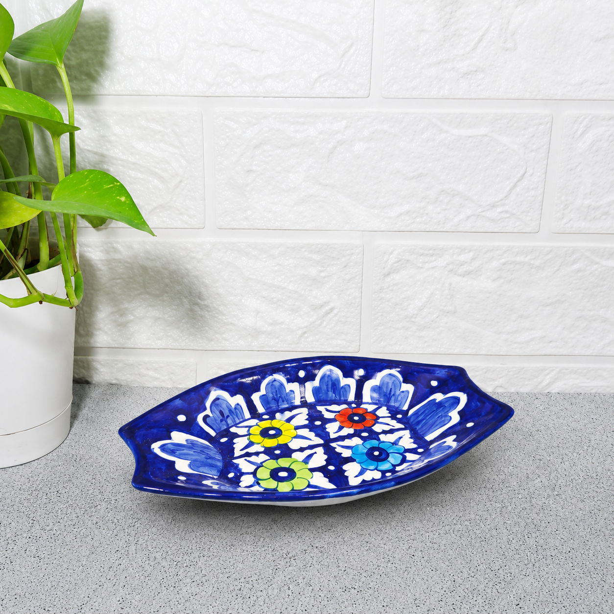 Hand-Painted Vibrant Floral Blue Oval Platter (small)