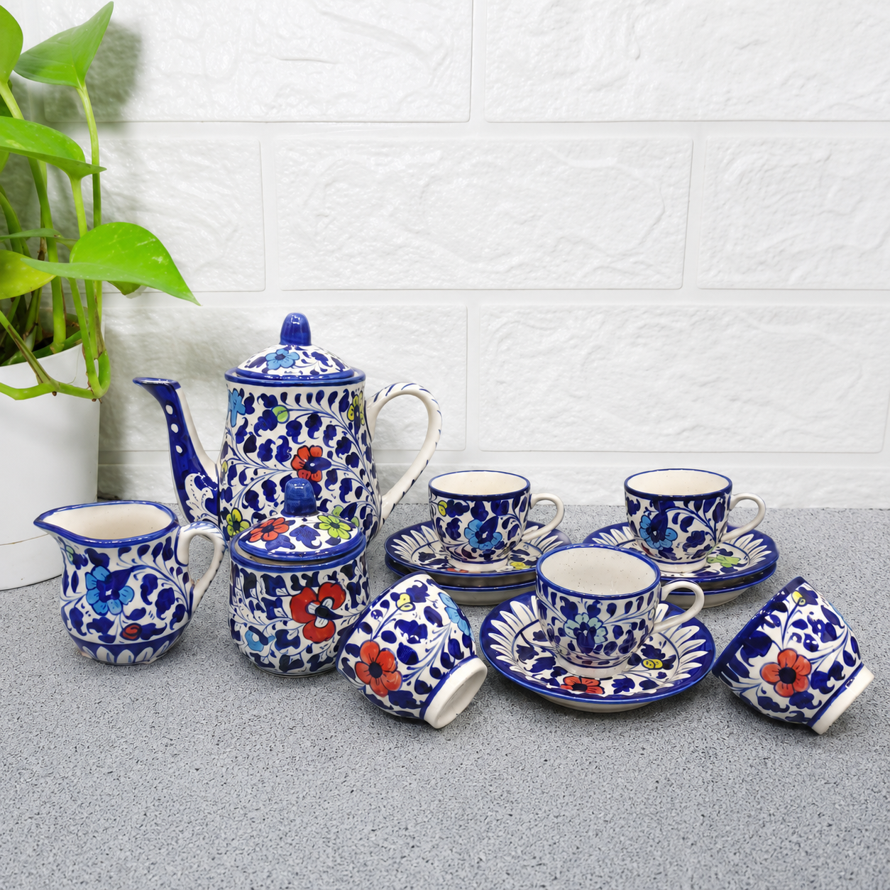 Hand-Painted Vibrant Floral Ceramic Tea Set (5 Person)