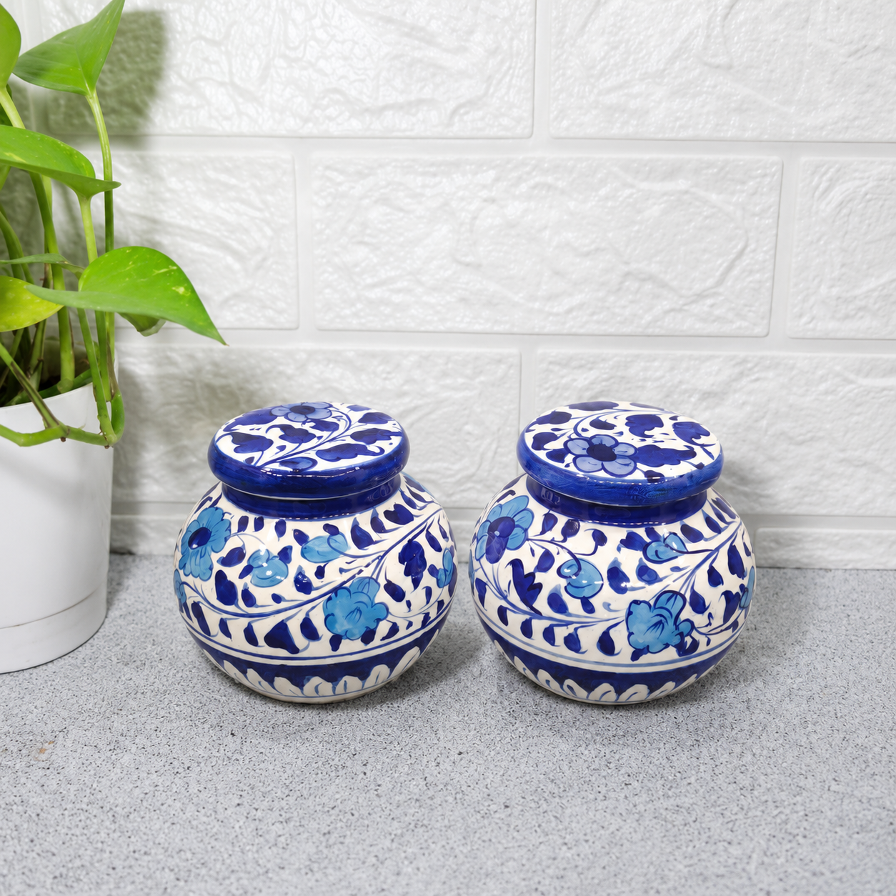 Hand-Painted Classic Blue Ceramic Storage Pot (Set of 2)