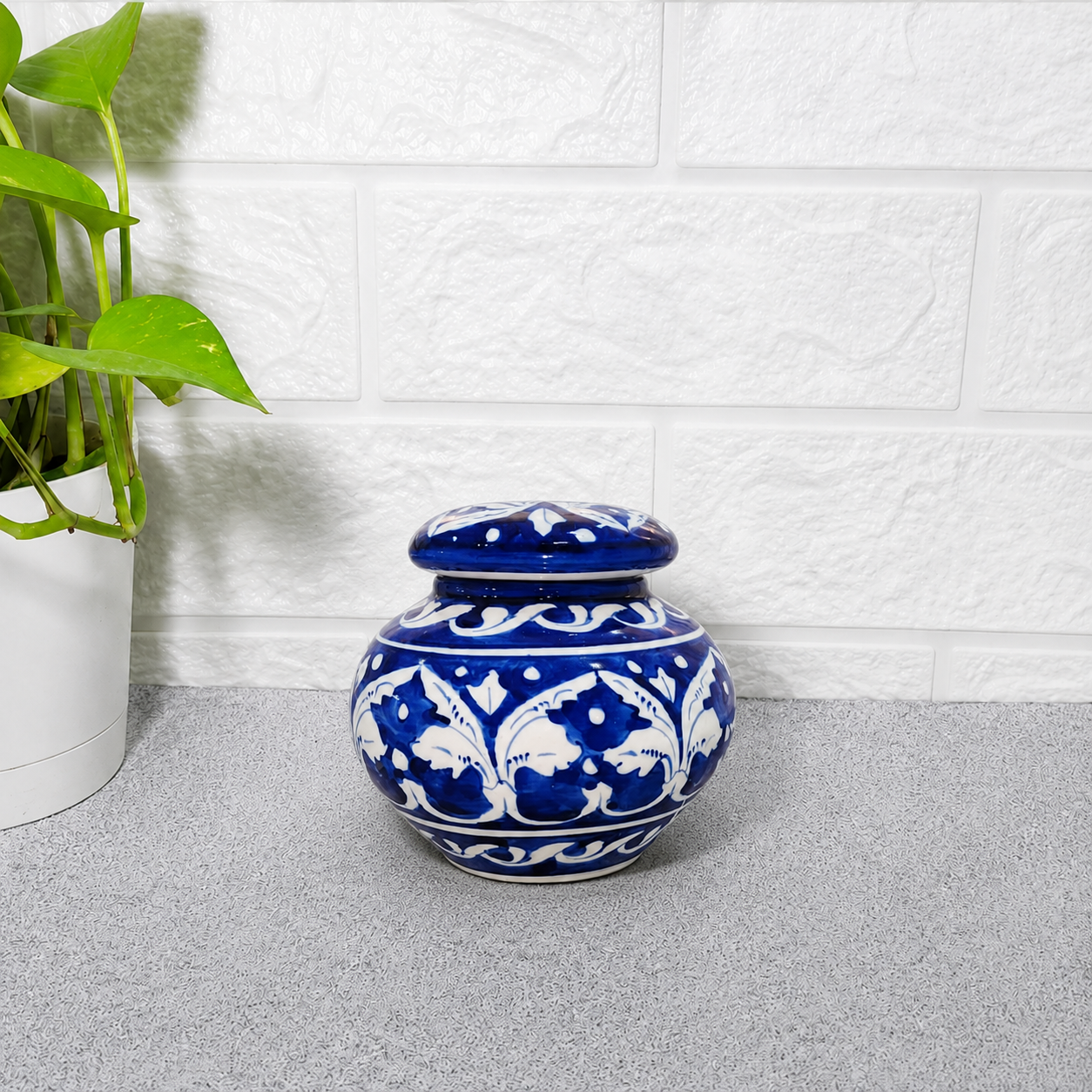 Hand-Painted  Blue & White Ceramic Storage Pot