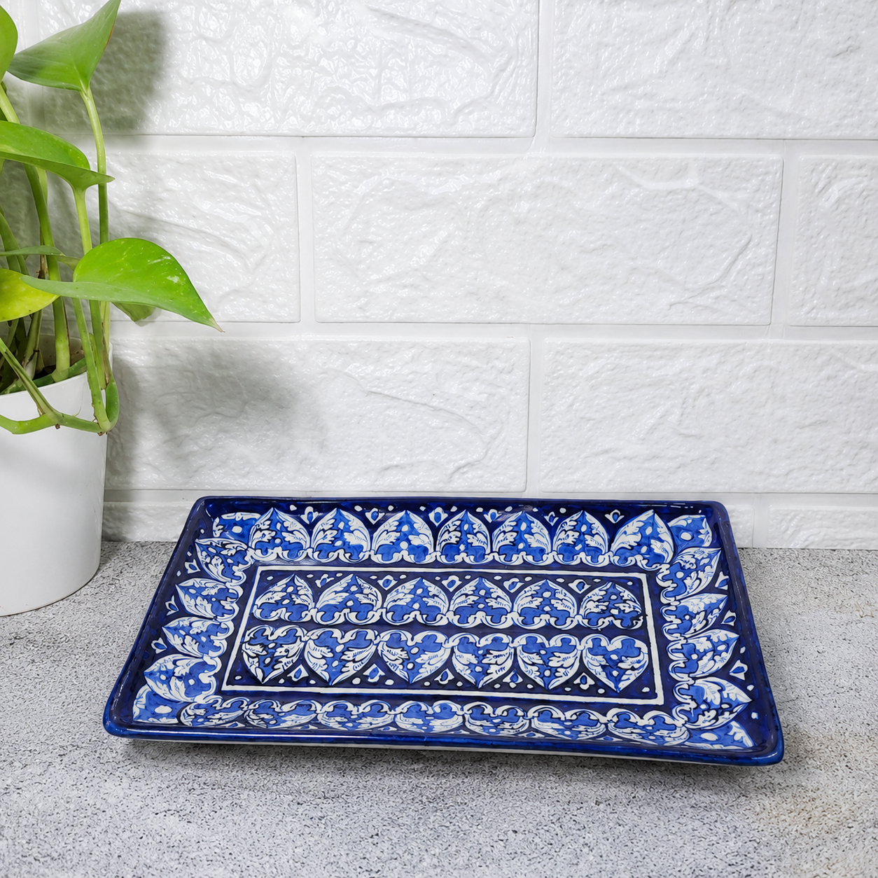 Hand-Painted Classic Blue Rectangular Serving Tray