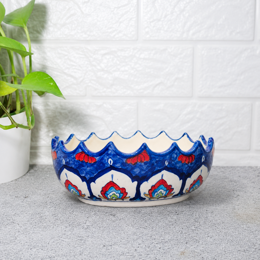 Hand-Painted Scalloped Blue Pottery Bowl