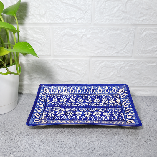 Hand-Painted Classic Blue Rectangular Serving Tray