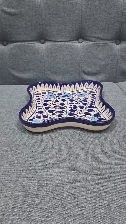Hand-Painted Blue Curved Square Ceramic Tray