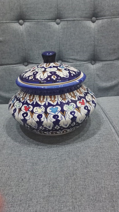 Hand-Painted Blue Pottery Serving Handi with Lid