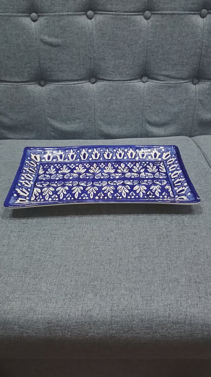 Hand-Painted Classic Blue Rectangular Serving Tray
