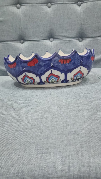Hand-Painted Scalloped Blue Pottery Bowl