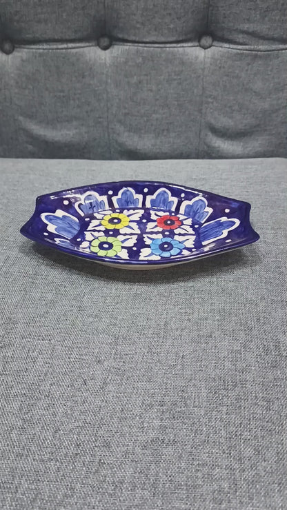 Hand-Painted Vibrant Floral Blue Oval Platter (small)